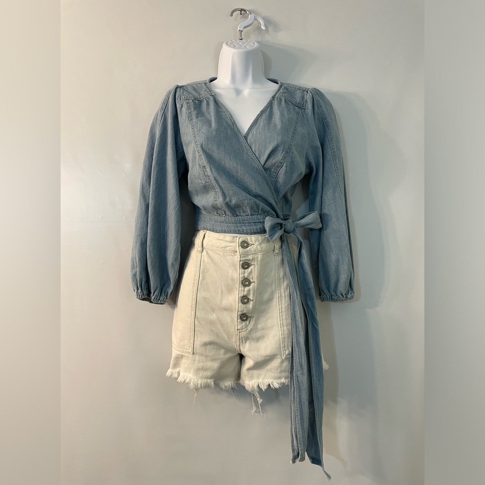 NWT Free People Sophie Light Wash Denim Wrap Top